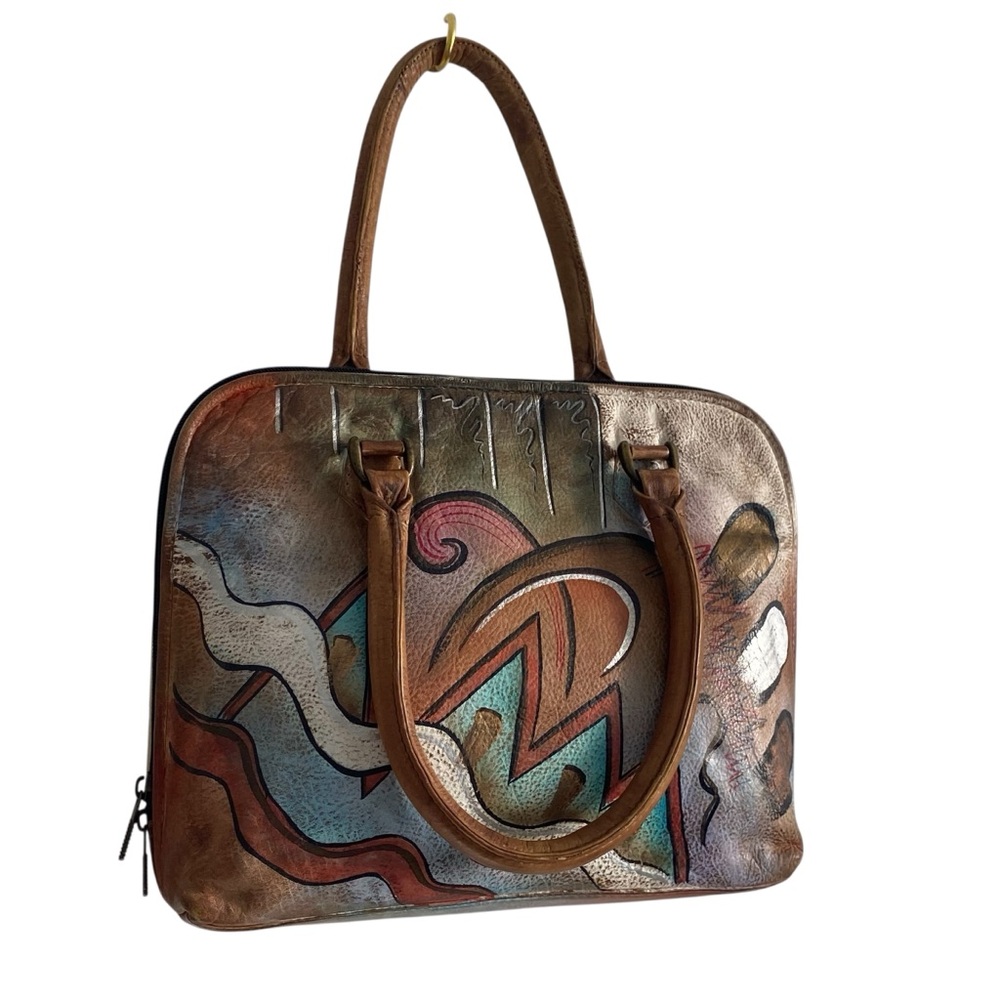 Allan Edward Hand Painted Leather Abstract Double- Handled Satchel Shoulder Bag